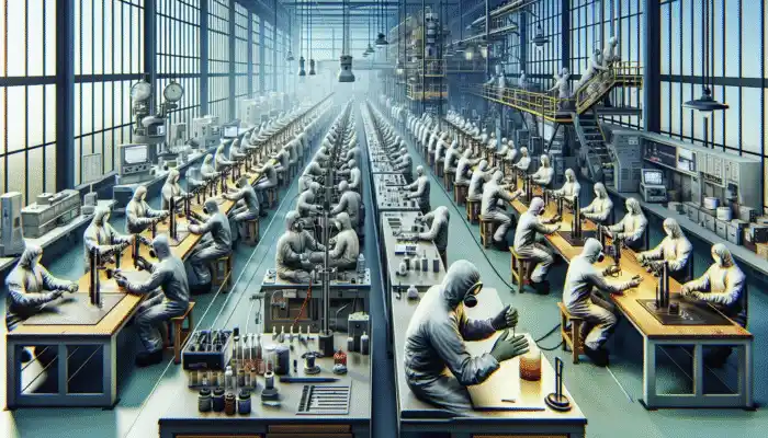 Workers in Goole conducting lab tests on safety gloves using advanced equipment for quality assurance and durability.