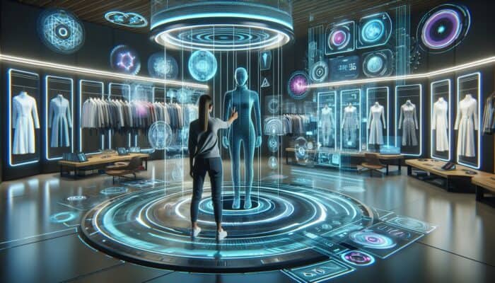 A futuristic AR room featuring holographic screens and clothing items designed for virtual try-ons.