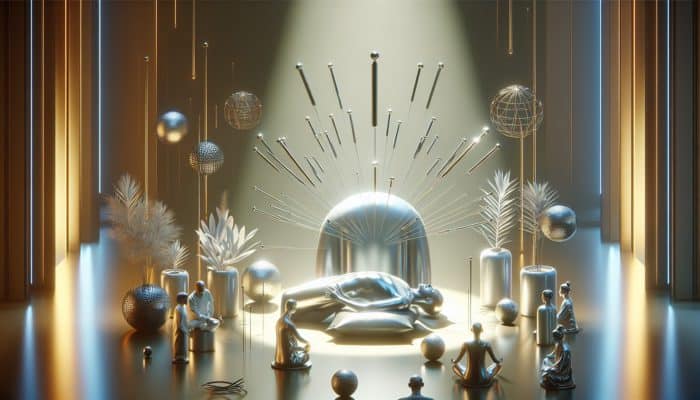 A tranquil acupuncture session featuring needles designed to enhance focus, with soft lighting and calming decor, as experts discuss techniques.