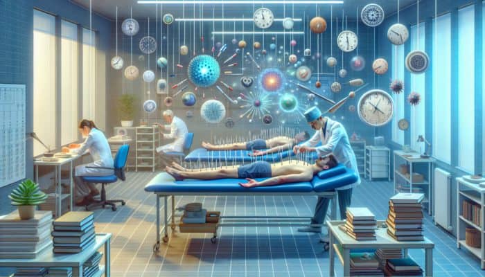 Scene from a UK clinic with acupuncture patients displaying focused expressions, surrounded by productivity symbols such as books and clocks.