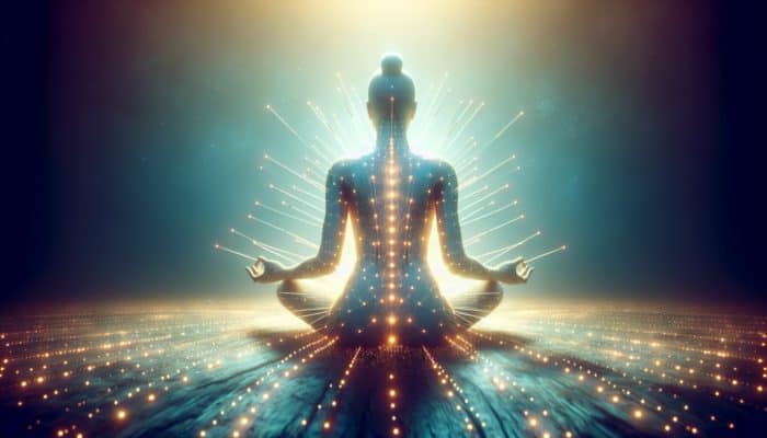 A person meditating while receiving acupuncture, bathed in soft light, symbolizing holistic wellbeing.