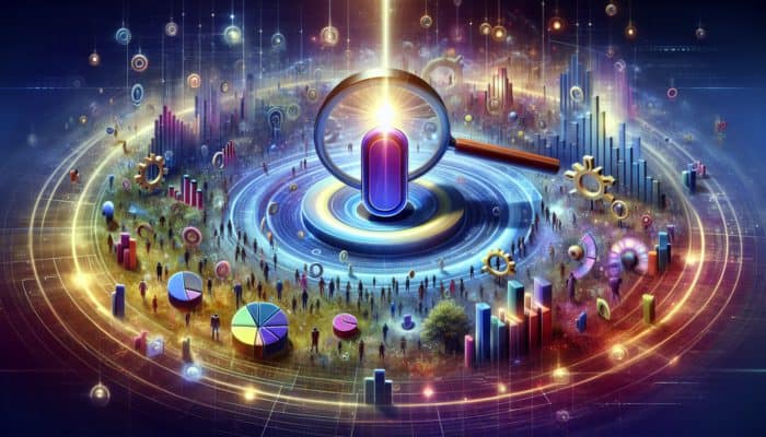 SEO in Bath for Small Business: A magnifying glass highlighting an 'SEO' button with growth graphs and Bath landmarks, symbolising increased online visibility.