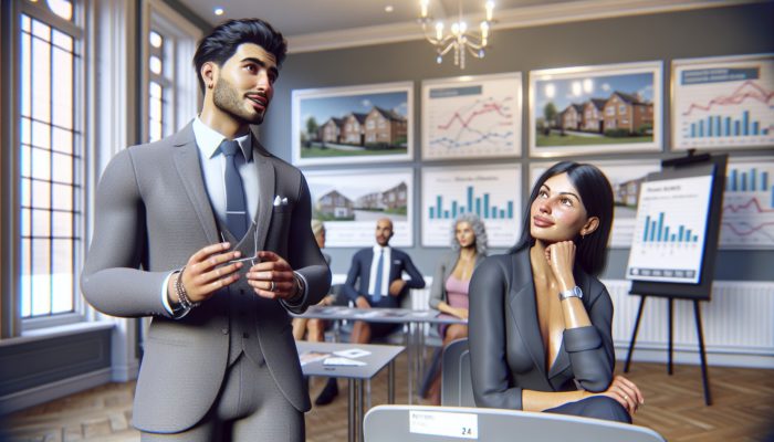 A buyer engaging with an estate agent at a seminar with charts and graphs in East London.