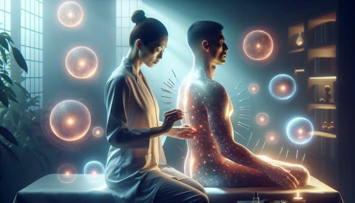 A tranquil acupuncture session with glowing orbs representing enhanced energy and expert guidance.