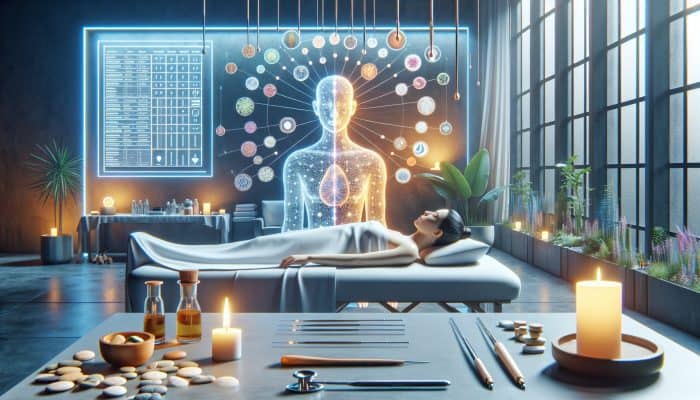 A serene acupuncture session blending herbal medicine, mindfulness, and modern technology in a calming holistic clinic.