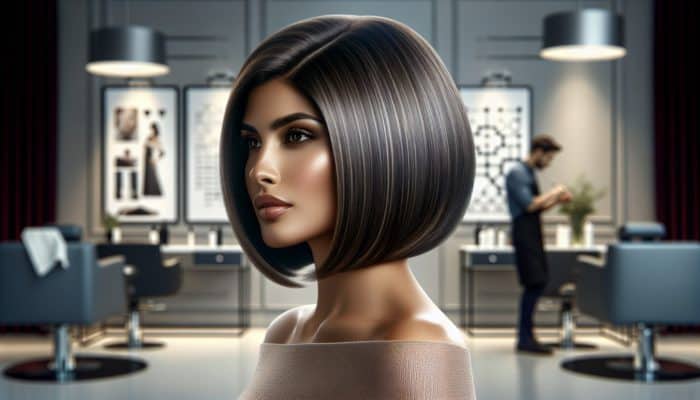 A sophisticated woman with a chic, graduated bob haircut styled professionally in a modern salon.