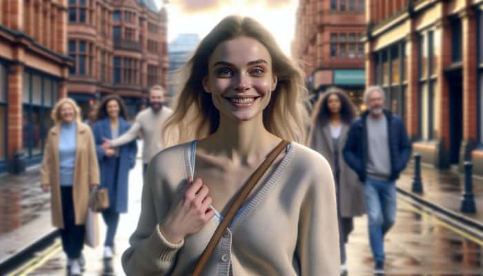 Young woman from Manchester confidently walking through city, symbolizing triumph over anxiety with CBT, therapist in background.