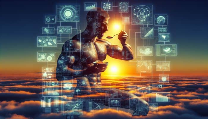 Athlete at sunrise enjoying a protein-rich breakfast, muscles highlighted showing recovery and growth.