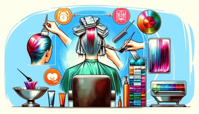 A professional salon setting showing the hair foiling process with vibrant colors and precise application techniques.