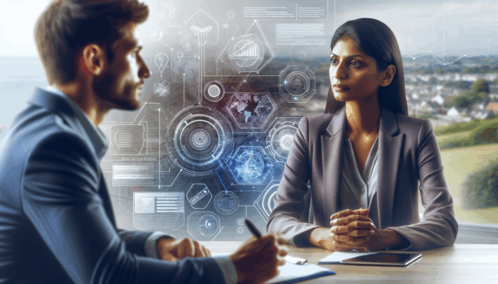 Small business owner in Burnham-on-Sea engaging in a presentation with a digital advertising expert, surrounded by tech and coastal imagery.