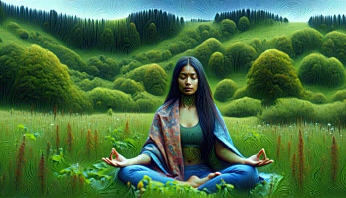 A person practicing yoga in a peaceful UK countryside, surrounded by greenery, symbolizing relaxation.