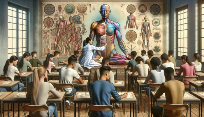 Students learning acupuncture in a classroom, featuring anatomy charts and a mentor demonstrating techniques.