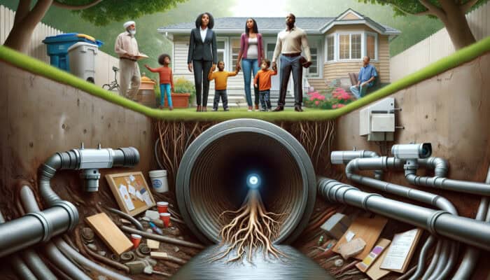 CCTV camera inspecting sewer pipe, revealing root intrusions, family relieved in background, home safe.