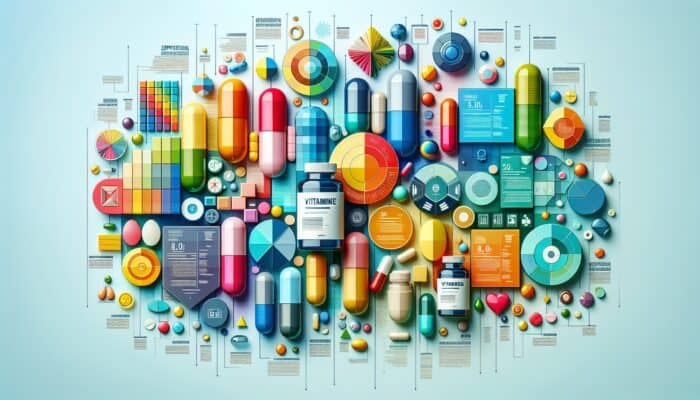 Vibrant infographic featuring tips on creating supplement-centric content, showcasing vitamins and capsules.