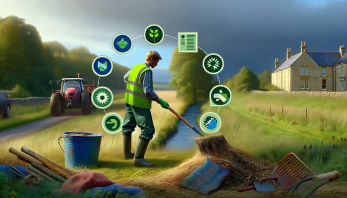 A professional in a green vest using sustainable tools for land clearing, surrounded by legal documents and eco-friendly signage.