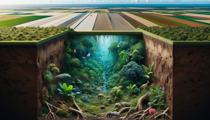 A thriving ecosystem showcasing lush vegetation, diverse wildlife, and healthy soil, underscoring the benefits of sustainable land clearing.