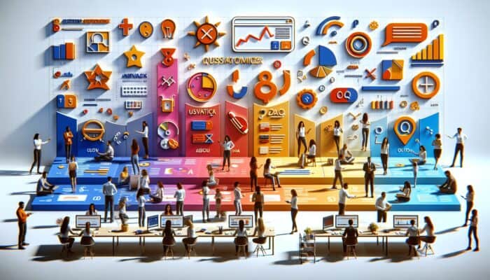 Diverse staff at e-commerce support center analyzing customer queries, updating FAQ webpage in real-time with data trends.