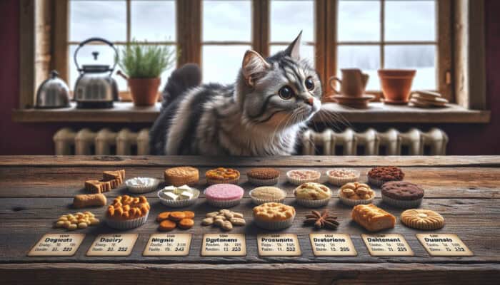 Cat sniffing homemade treats labeled with allergens like dairy and proteins on a rustic table.